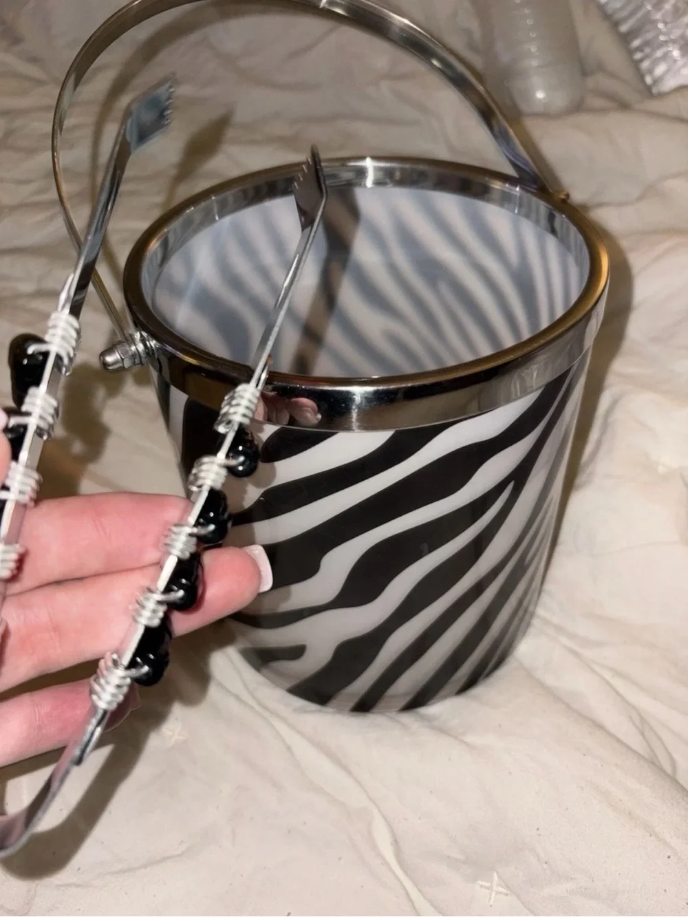 Zebra Stripe Ice Bucket with Beaded Handle - Black & White